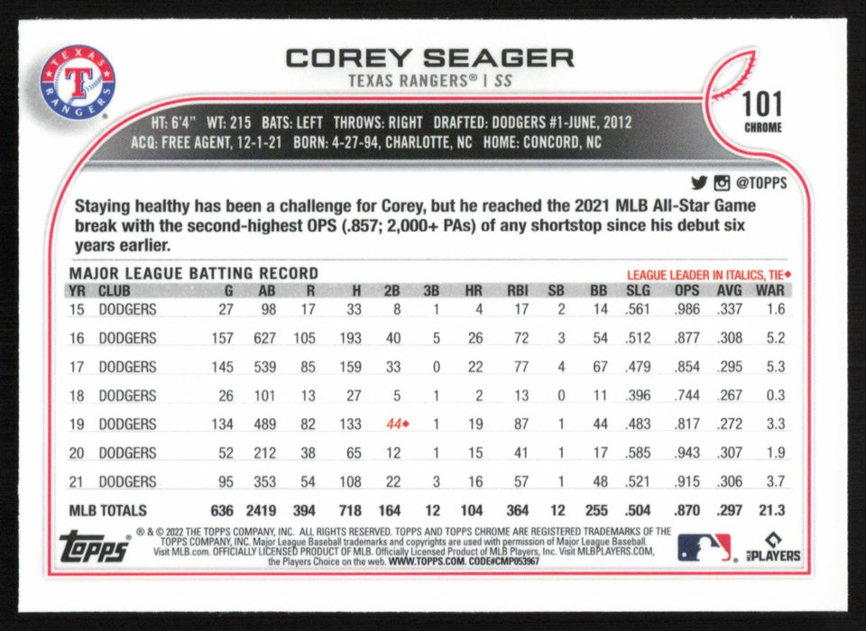 Corey Seager 2022 Topps Chrome Baseball # 101 Texas Rangers Base - Collectible Craze America