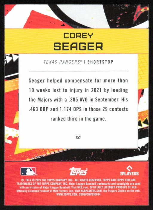 Corey Seager 2022 Topps Fire Baseball # 121 Texas Rangers Base - Collectible Craze America