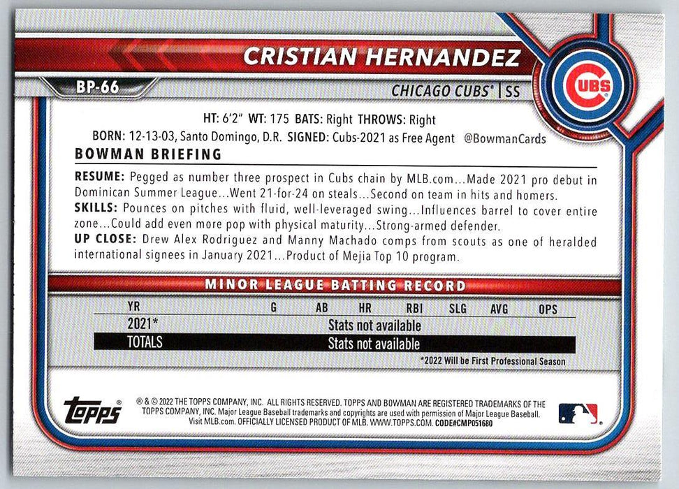 Cristian Hernandez 2022 Bowman Prospects # BP-66 Chicago Cubs - Collectible Craze America