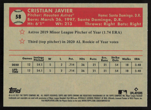 Cristian Javier 2021 Topps Chrome Platinum Anniversary # 58 RC Houston Astros - Collectible Craze America