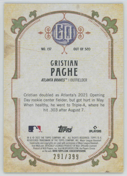 Cristian Pache 2022 Topps Gypsy Queen # 137 291/399 Burnt Umber Atlanta Braves - Collectible Craze America
