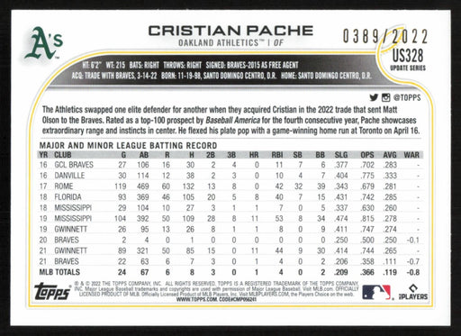 Cristian Pache 2022 Topps Update # US328 Gold 0389/2022 Oakland Athletics - Collectible Craze America