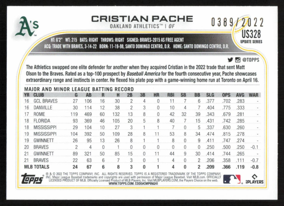 Cristian Pache 2022 Topps Update # US328 Gold 0389/2022 Oakland Athletics - Collectible Craze America