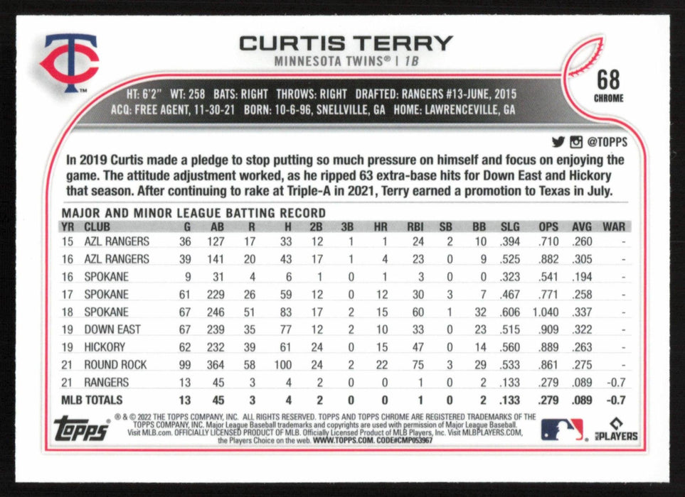 Curtis Terry 2022 Topps Chrome # 68 RC X-Fractor Minnesota Twins - Collectible Craze America