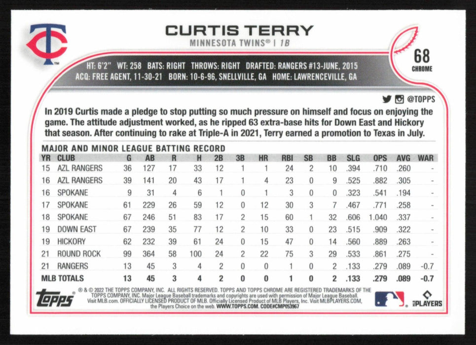 Curtis Terry 2022 Topps Chrome Baseball # 68 RC Minnesota Twins Base - Collectible Craze America