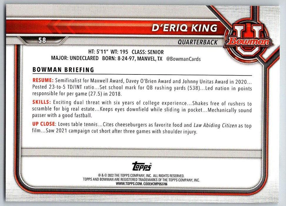 D'eriq King 2021 Bowman University Football # 58 Miami Hurricanes 1st Bowman - Collectible Craze America