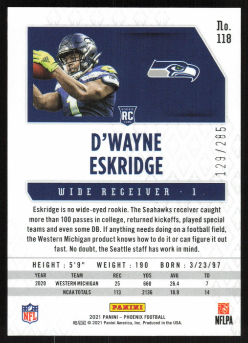 D'Wayne Eskridge 2021 Panini Phoenix Football # 118 RC Red Lazer 129/285 Seattle Seahawks - Collectible Craze America