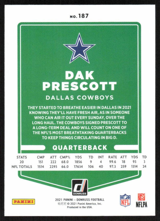 Dak Prescott 2021 Donruss Football # 187 Dallas Cowboys Base - Collectible Craze America