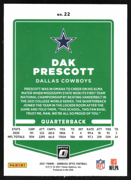 Dak Prescott 2021 Donruss Optic # 22 Dallas Cowboys - Collectible Craze America