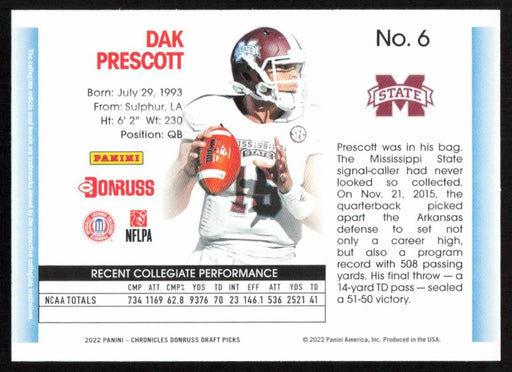 Dak Prescott 2022 Panini Chronicles Draft Picks # 6 Donruss Mississippi State Bulldogs - Collectible Craze America