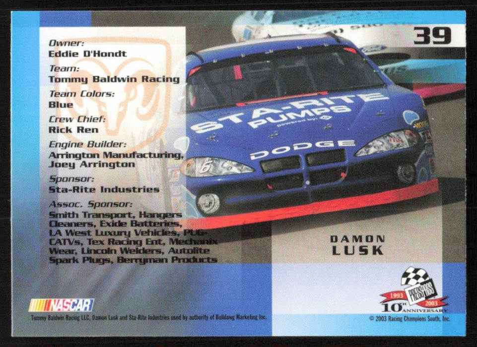 Damon Lusk 2003 Press Pass Trackside # 39 RC Base - Collectible Craze America