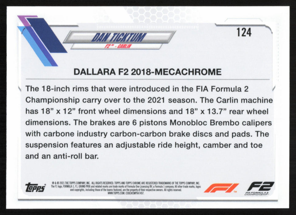Dan Ticktum 2021 Topps Chrome Formula 1 # 124 F2 - Carlin - Collectible Craze America