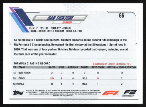 Dan Ticktum 2021 Topps Chrome Formula 1 # 66 F2 - Carlin - Collectible Craze America
