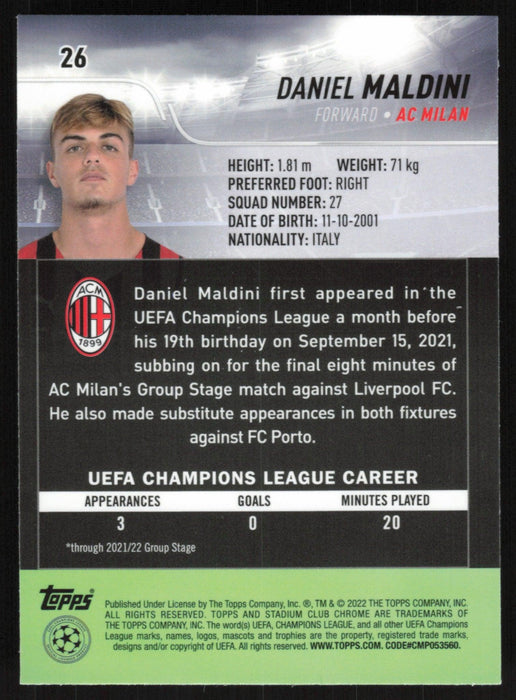 Daniel Maldini 2021 Topps Stadium Club Chrome UEFA # 26 Blue Prism Refractor AC Milan - Collectible Craze America