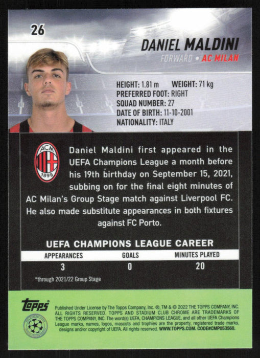 Daniel Maldini 2021 Topps Stadium Club Chrome UEFA Champions League # 26 AC Milan Base - Collectible Craze America