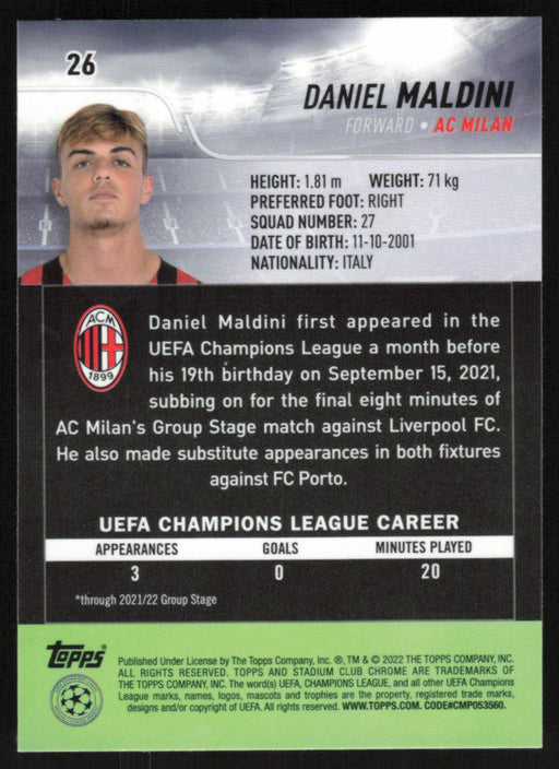 Daniel Maldini 2021 Topps Stadium Club Chrome UEFA Champions League # 26 AC Milan Base - Collectible Craze America