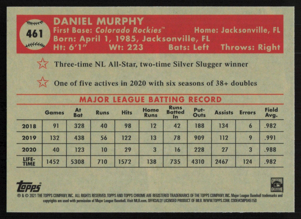 Daniel Murphy 2021 Topps Chrome Platinum Anniversary # 461 Colorado Rockies - Collectible Craze America