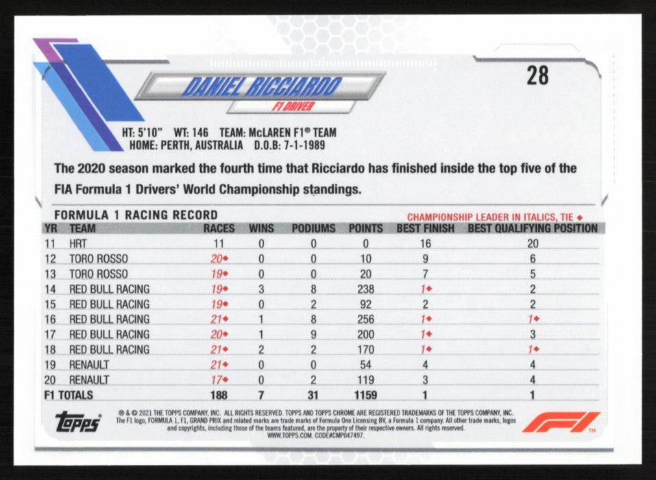 Daniel Ricciardo 2021 Topps Chrome Formula 1 # 28 McLaren F1 Team - Collectible Craze America