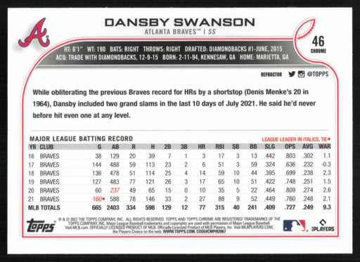 Dansby Swanson 2022 Topps Chrome Baseball # 46 Refractor Atlanta Braves - Collectible Craze America