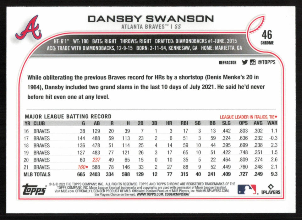 Dansby Swanson 2022 Topps Chrome Baseball # 46 Refractor Atlanta Braves - Collectible Craze America