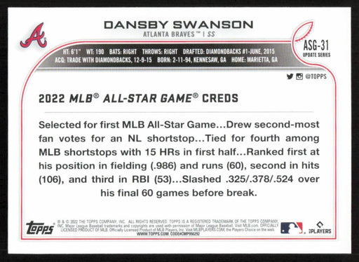 Dansby Swanson 2022 Topps Update # ASG-31 All Star Game Atlanta Braves - Collectible Craze America