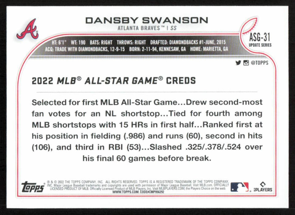 Dansby Swanson 2022 Topps Update # ASG-31 All Star Game Atlanta Braves - Collectible Craze America