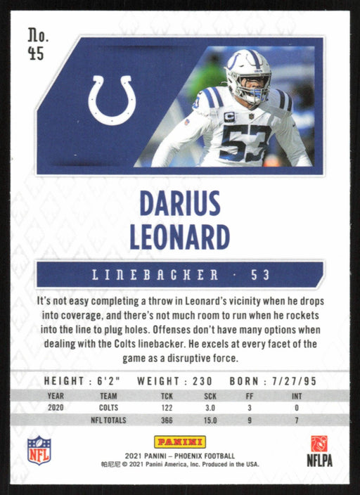 Darius Leonard 2021 Panini Phoenix # 45 Indianapolis Colts Base - Collectible Craze America