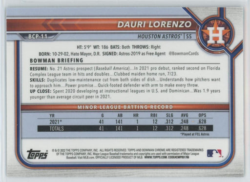 Dauri Lorenzo 2022 Bowman Chrome Prospects # BCP-11 1st Bowman Houston Astros - Collectible Craze America