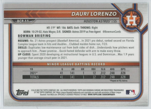 Dauri Lorenzo 2022 Bowman Chrome Prospects # BCP-11 Mojo Refrctor Houston Astros - Collectible Craze America