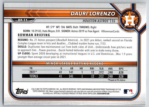 Dauri Lorenzo 2022 Bowman Prospects # BP-11 1st Bowman Houston Astros - Collectible Craze America