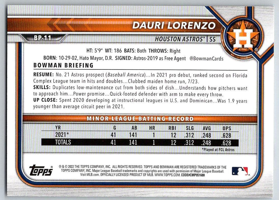 Dauri Lorenzo 2022 Bowman Prospects # BP-11 1st Bowman Houston Astros - Collectible Craze America