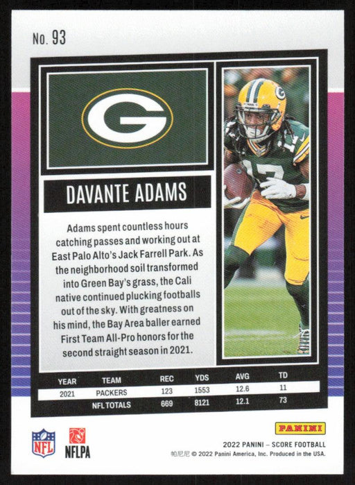 Davante Adams 2022 Panini Score Football # 93 Base Green Bay Packers - Collectible Craze America