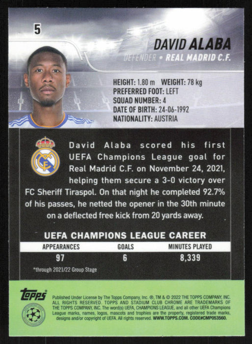 David Alaba 2021 Topps Stadium Club Chrome UEFA Champions League # 5 Real Madrid C.F. Base - Collectible Craze America