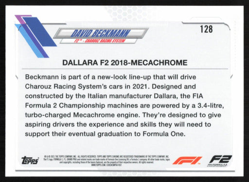 David Beckmann 2021 Topps Chrome Formula 1 # 128 F2 - Charouz Racing System - Collectible Craze America