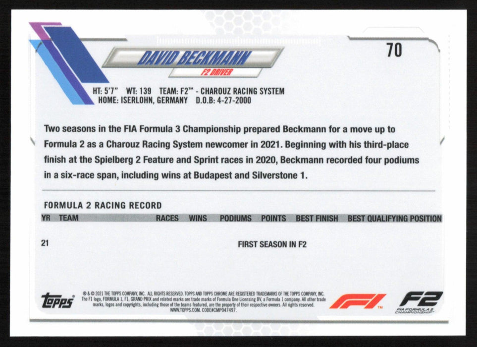 David Beckmann 2021 Topps Chrome Formula 1 # 70 F2 - Charouz Racing System - Collectible Craze America