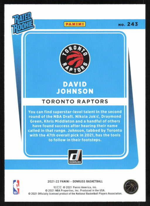 David Johnson 2021 Donruss Rated Rookie # 243 RC Toronto Raptors - Collectible Craze America