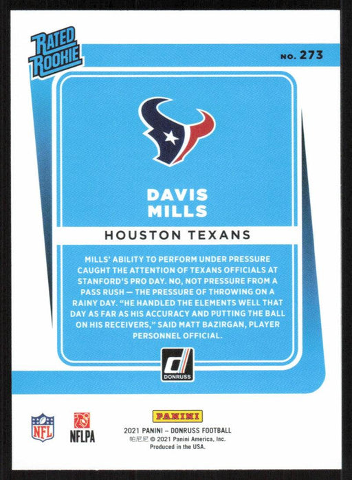 Davis Mills 2021 Donruss Football # 273 RC Houston Texans Rated Rookie Base - Collectible Craze America