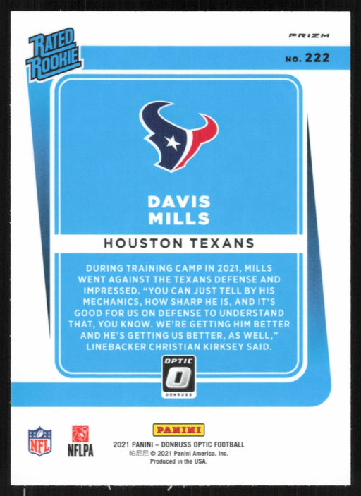 Davis Mills 2021 Donruss Optic Rated Rookie # 222 RC Purple Shock Houston Texans - Collectible Craze America