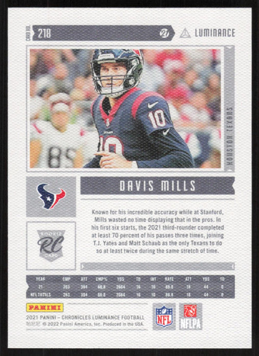 Davis Mills 2021 Panini Chronicles Luminance # 218 RC Pink Houston Texans - Collectible Craze America