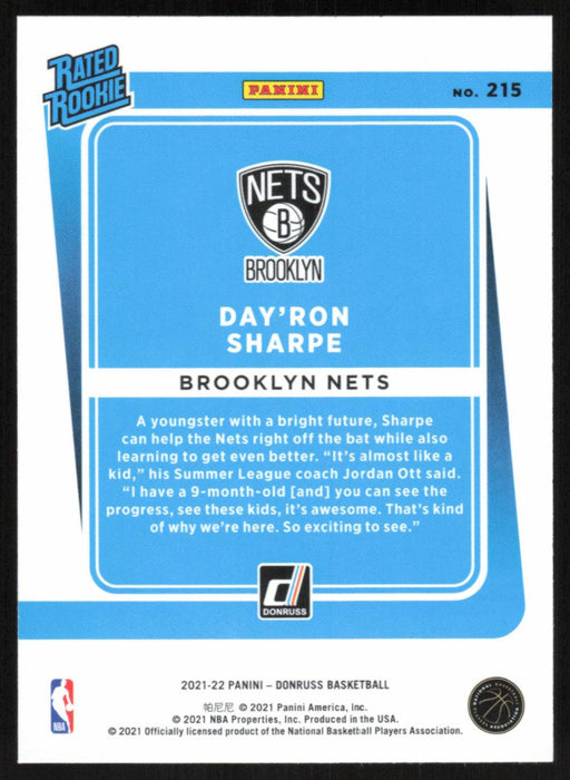 Day'Ron Sharpe 2021 Donruss Rated Rookie # 215 RC Brooklyn Nets - Collectible Craze America
