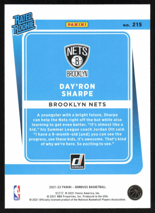 Day'Ron Sharpe 2021 Donruss Rated Rookie # 215 RC Brooklyn Nets - Collectible Craze America