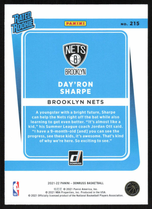 Day'Ron Sharpe 2021 Donruss Rated Rookie # 215 RC Orange Holo Laser Brooklyn Nets - Collectible Craze America