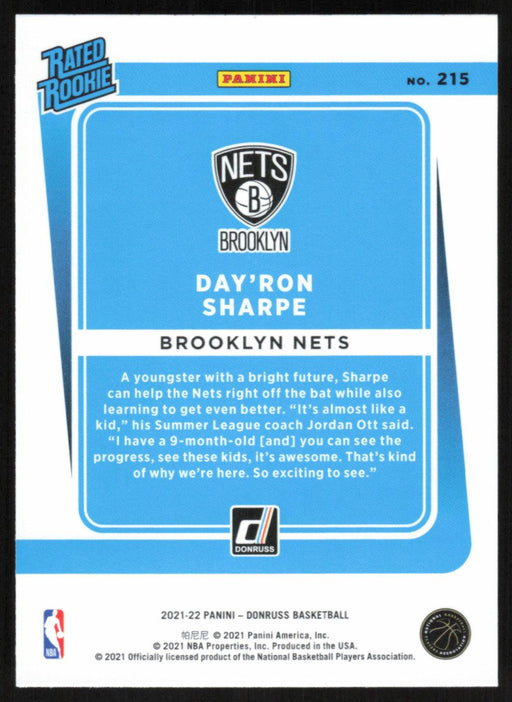 Day'Ron Sharpe 2021 Donruss Rated Rookie # 215 RC Orange Holo Laser Brooklyn Nets - Collectible Craze America