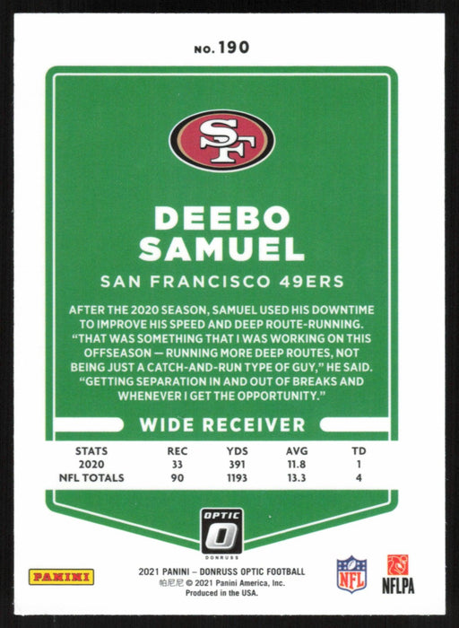 Deebo Samuel 2021 Donruss Optic # 190 San Francisco 49ers - Collectible Craze America