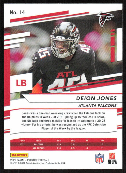 Deion Jones 2022 Panini Prestige # 14 Atlanta Falcons - Collectible Craze America