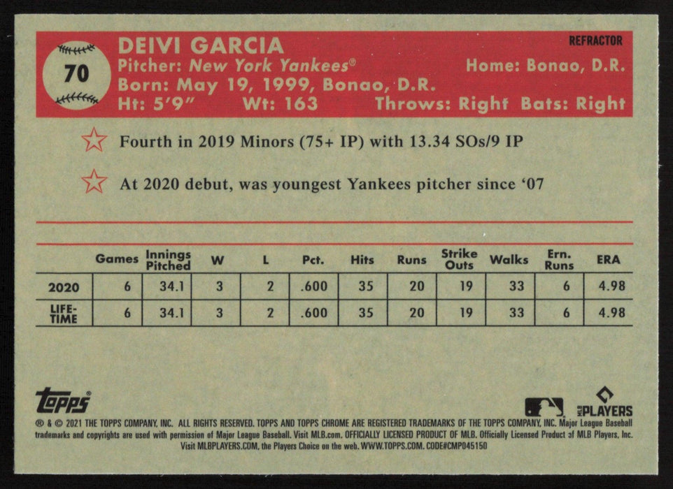 Deivi Garcia 2021 Topps Chrome Platinum Anniversary # 70 RC Refractor New York Yankees - Collectible Craze America