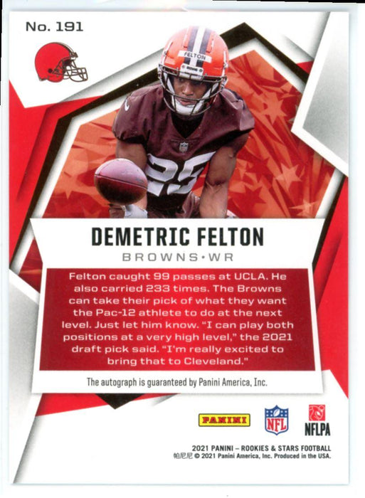 Demetric Felton 2021 Panini Rookies & Stars Blue # 191 RC Auto 65/75 Cleveland Browns - Collectible Craze America