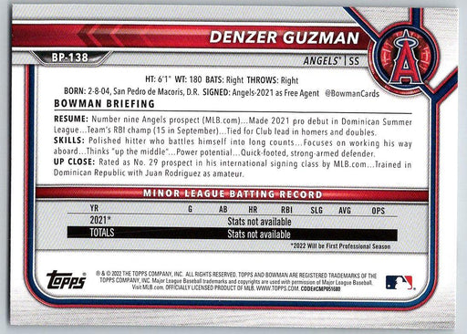 Denzer Guzman 2022 Bowman Prospects # BP-138 1st Bowman Los Angeles Angels - Collectible Craze America