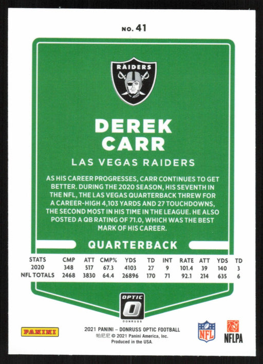 Derek Carr 2021 Donruss Optic # 41 Las Vegas Raiders - Collectible Craze America