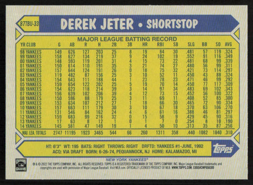 Derek Jeter 2022 Topps Update # 87TBU-33 1987 Topps New York Yankees - Collectible Craze America